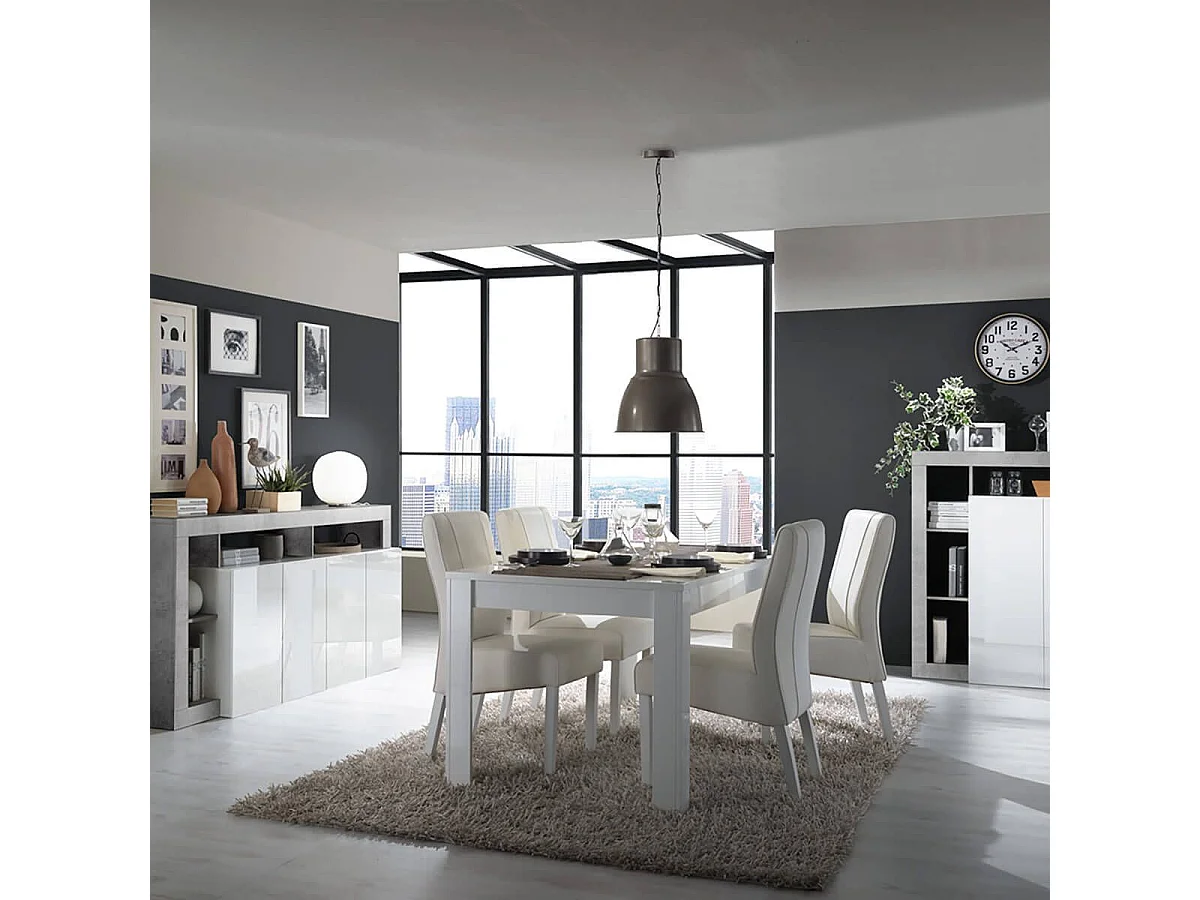 ARTURO - Séjour Complet Table + Buffet 4P Blanc Laqué Niches Aspect Cimento