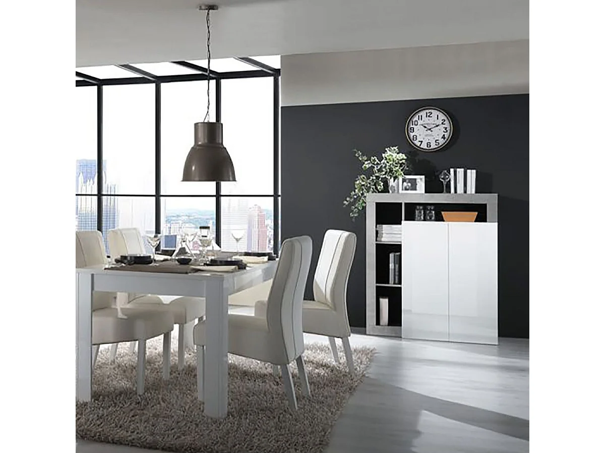ARTURO - Séjour Complet Table + Buffet 4P Blanc Laqué Niches Aspect Cimento