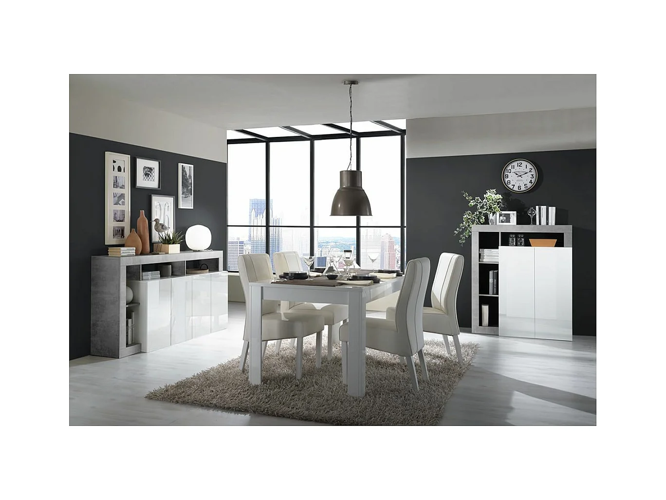 ARTURO - Séjour Complet Table + Buffet 4P Blanc Laqué Niches Aspect Cimento