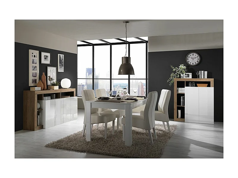 ARTURO - Séjour Complet Table + Buffet 4P Blanc Laqué Niches Aspect Chêne Mercure