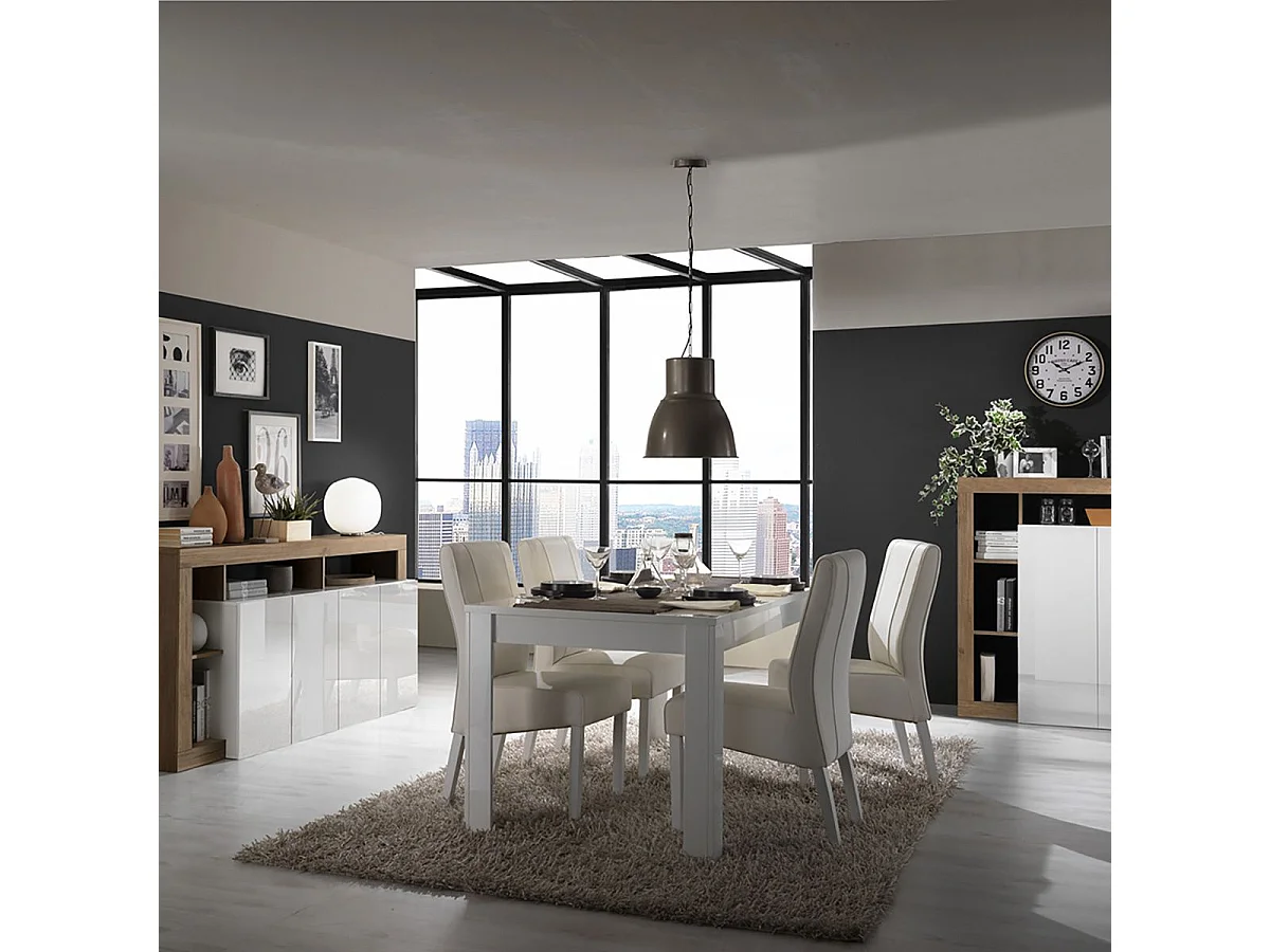 ARTURO - Séjour Complet Table + Buffet 4P Blanc Laqué Niches Aspect Chêne Mercure