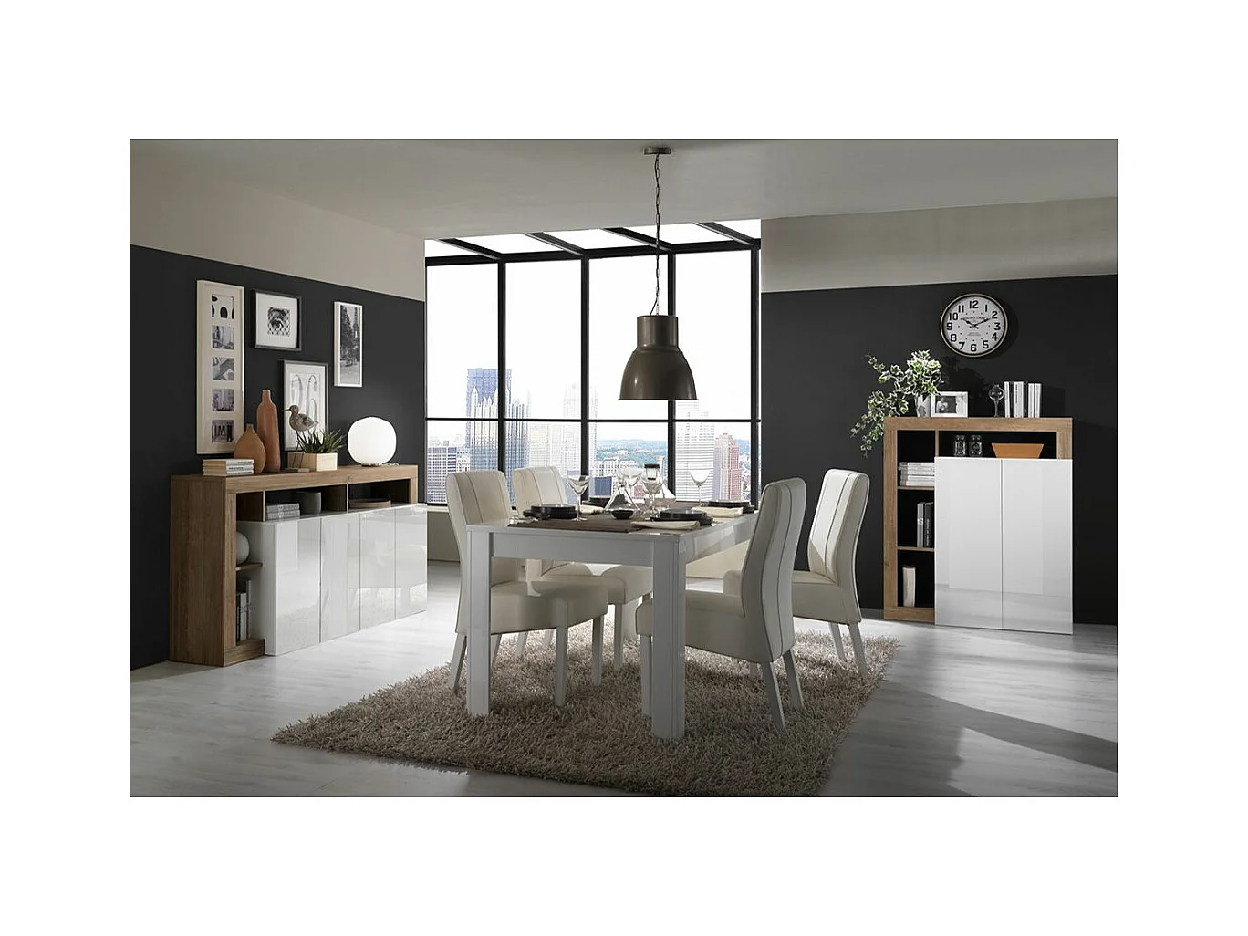 ARTURO - Séjour Complet Table + Buffet 4P Blanc Laqué Niches Aspect Chêne Mercure