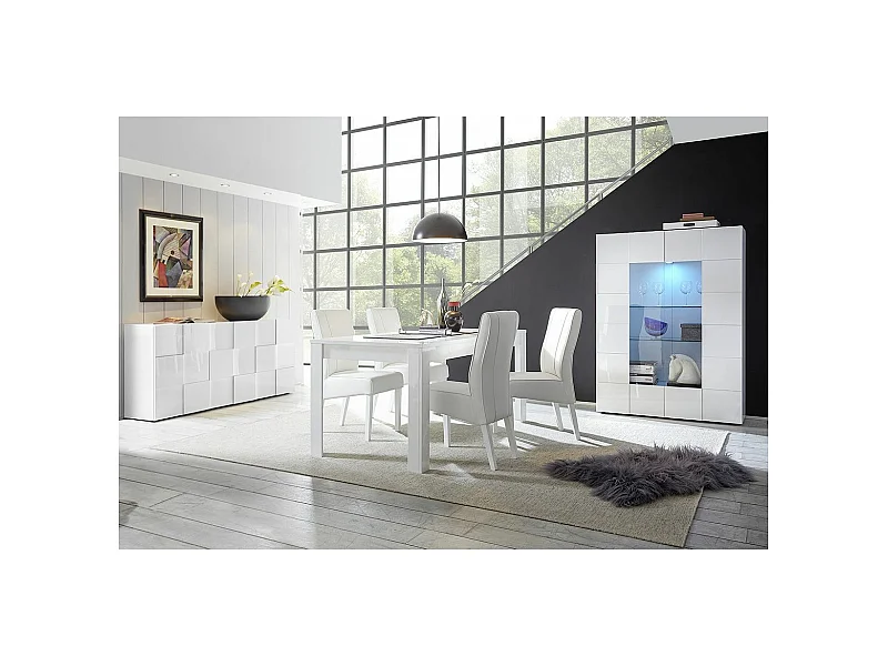 REBECCA - Ensemble Séjour Buffet 3P + Vitrine 2P Blanc Laqué Weiss Relief Damiers