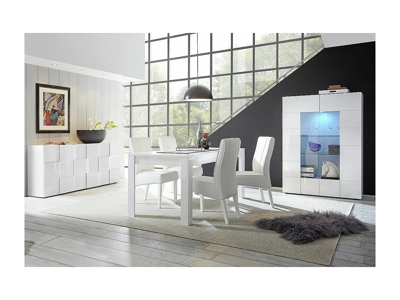 REBECCA - Ensemble Séjour Buffet 3P + Vitrine 2P Blanc Laqué Weiss Relief Damiers