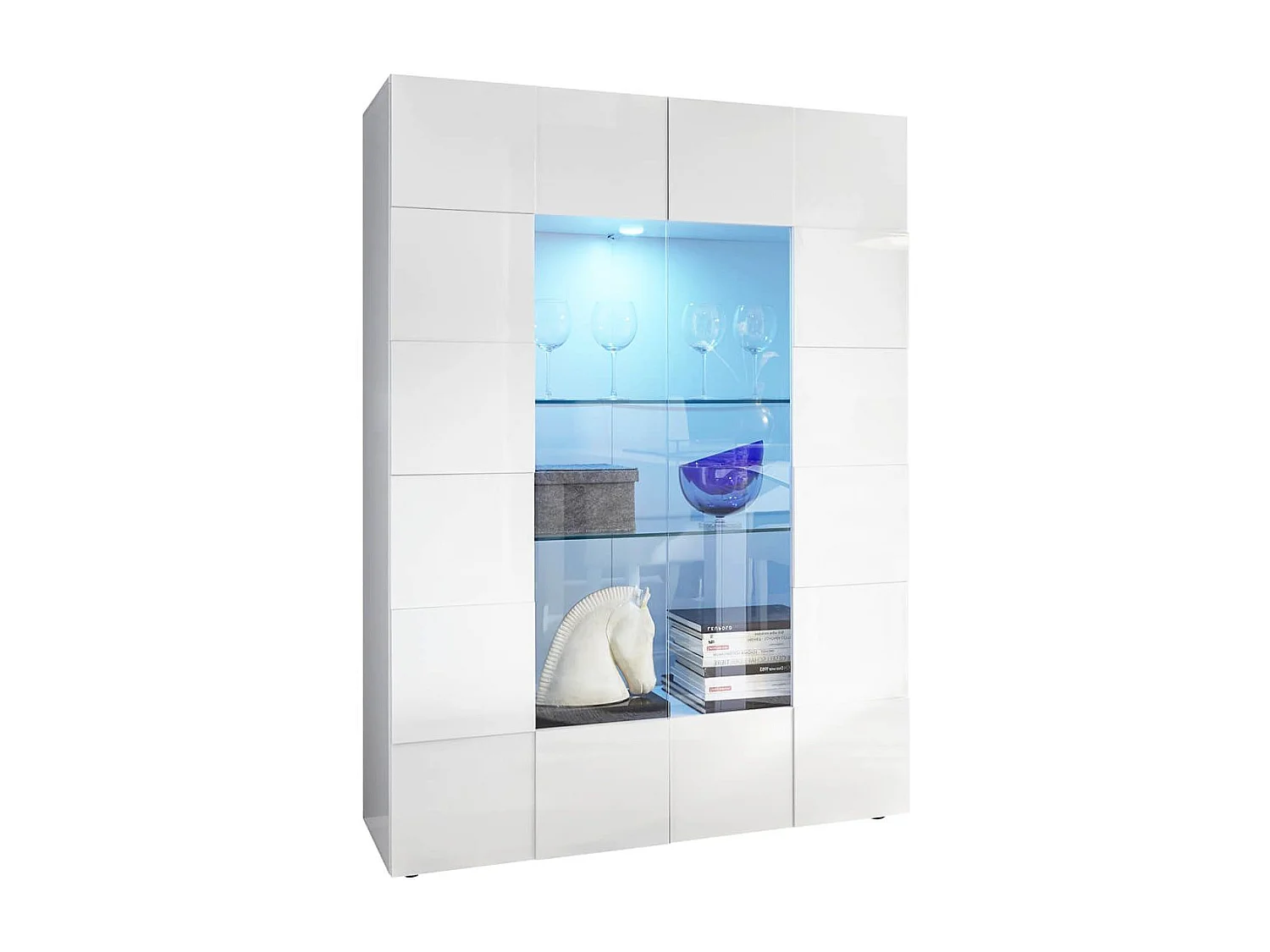 REBECCA - Ensemble Séjour Buffet 3P + Vitrine 2P Blanc Laqué Weiss Relief Damiers