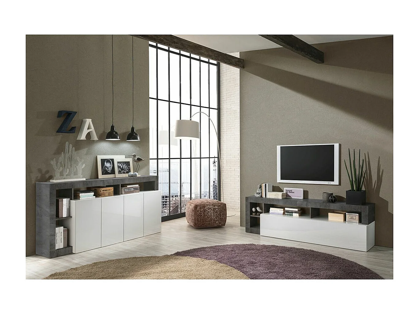 ARTURO - Ensemble Buffet 4P + Meubles TV Blanc Laqué Niches Aspect Oxyde