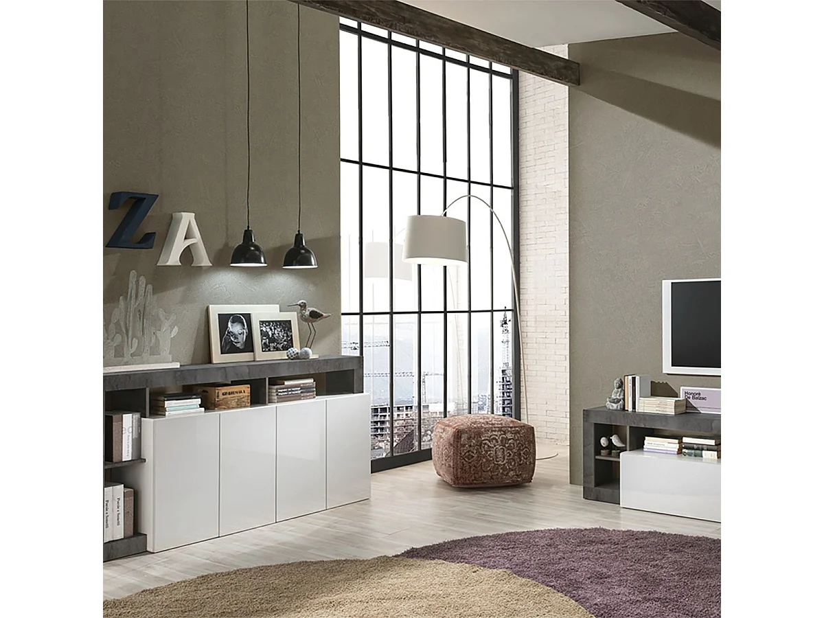 ARTURO - Ensemble Buffet 4P + Meubles TV Blanc Laqué Niches Aspect Oxyde