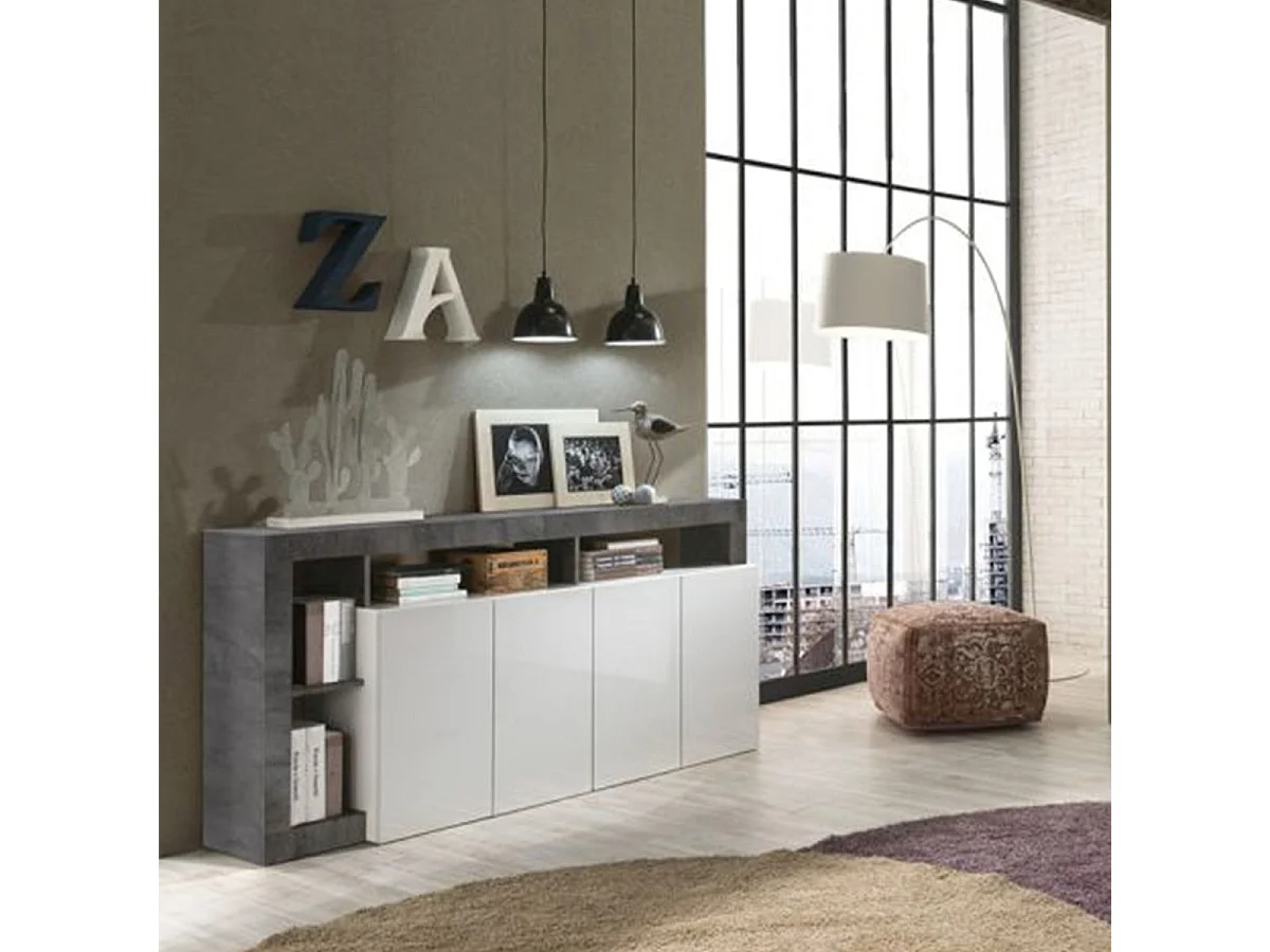 ARTURO - Ensemble Buffet 4P + Meubles TV Blanc Laqué Niches Aspect Oxyde