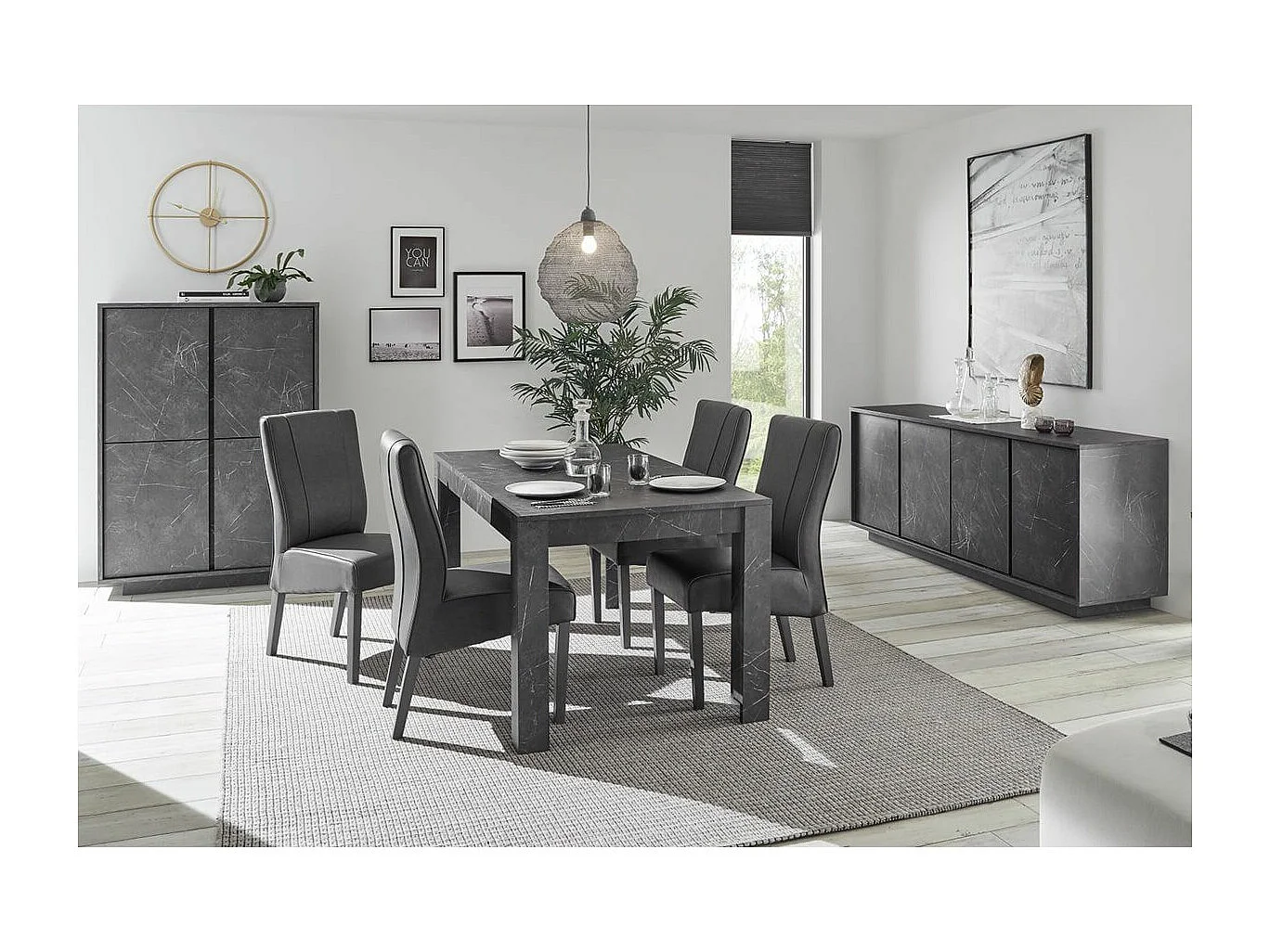 PIRALIA - Ensemble Séjour complet Aspect Marbre Gris Anthracite