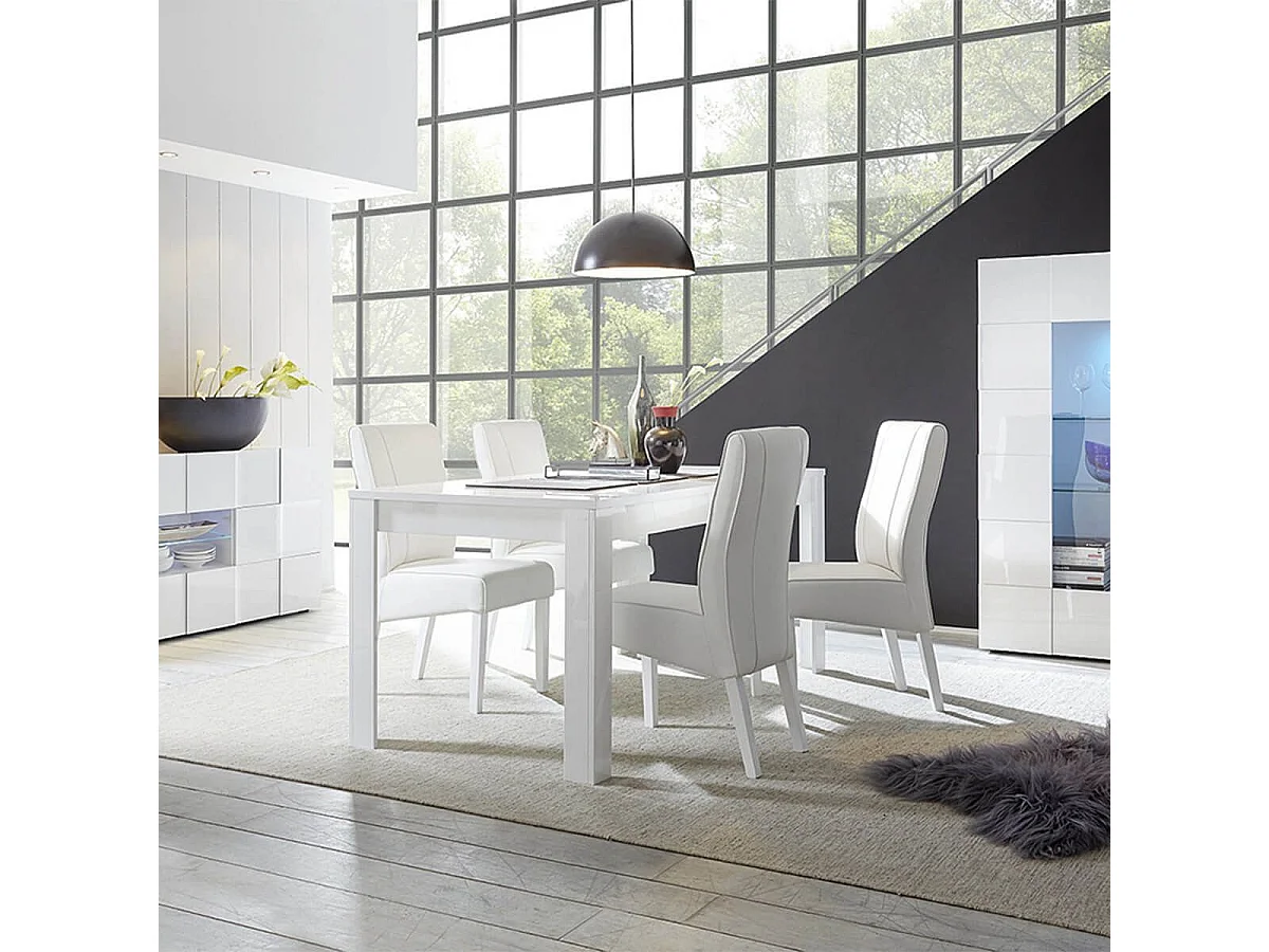 REBECCA - Ensemble Séjour Buffet 2 Portes 2 Tiroirs Blanc Laqué Weiss Relief Damiers