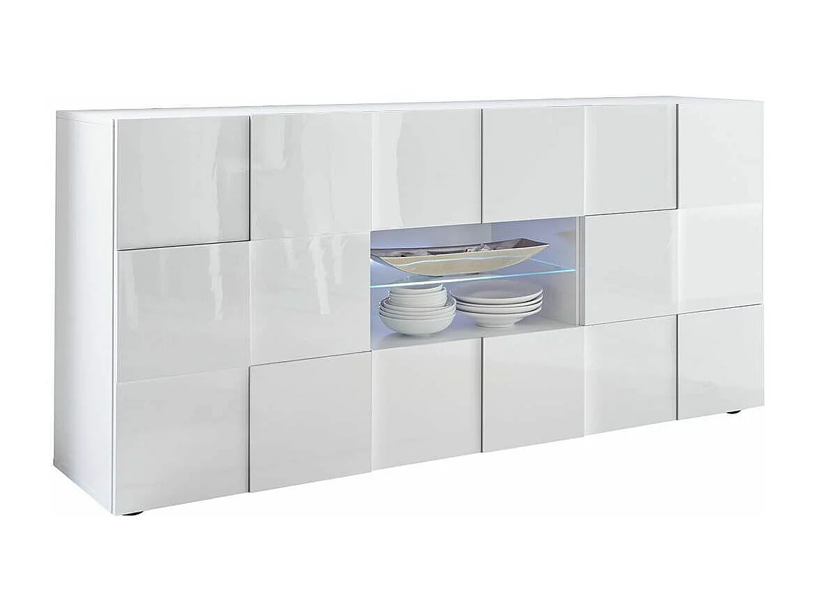 REBECCA - Ensemble Séjour Buffet 2 Portes 2 Tiroirs Blanc Laqué Weiss Relief Damiers