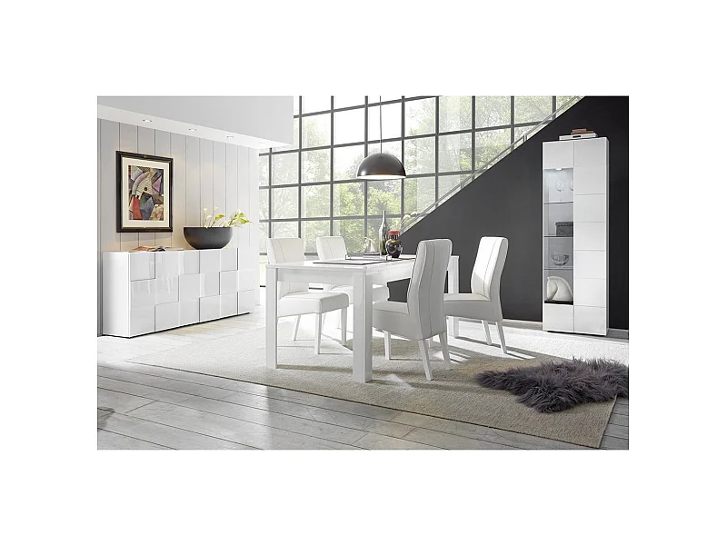 REBECCA - Ensemble Séjour Buffet 3P + Vitrine 1P Blanc Laqué Weiss Relief Damiers