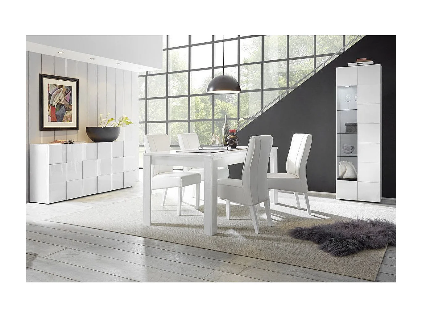 REBECCA - Ensemble Séjour Buffet 3P + Vitrine 1P Blanc Laqué Weiss Relief Damiers