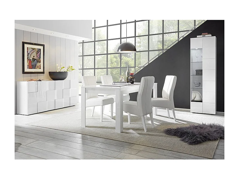 REBECCA - Ensemble Séjour Buffet 3P + Vitrine 1P Blanc Laqué Weiss Relief Damiers