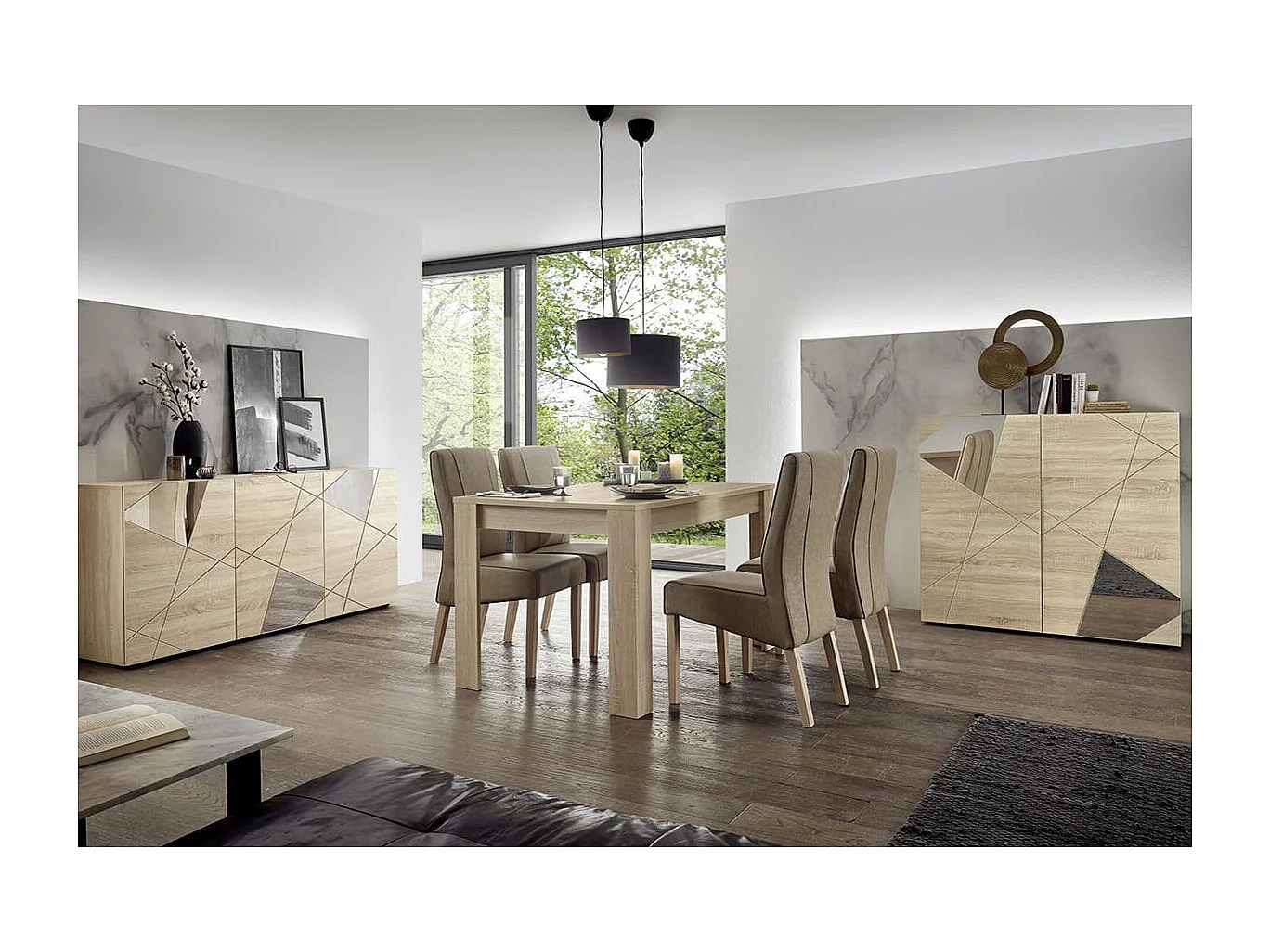 ORIANA - Ensemble Séjour Finition Bois Samoa avec Sérigraphies et Miroirs