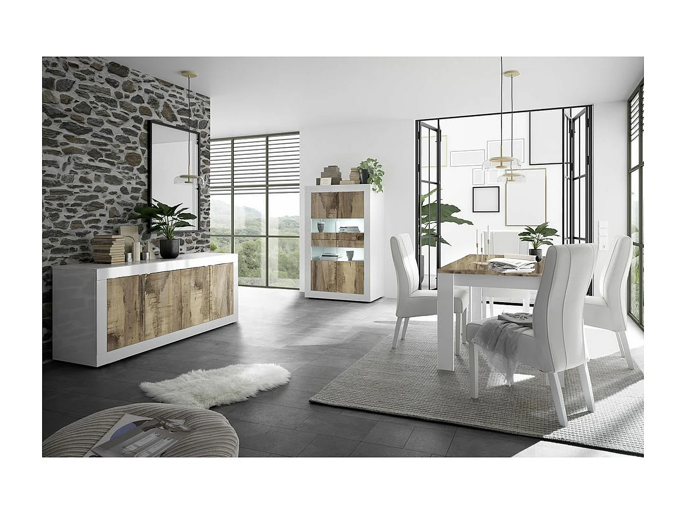 OTELLO - Ensemble Séjour avec Buffet 4 Portes Blanc Laqué et Aspect Bois Antik