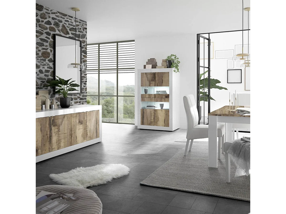 OTELLO - Ensemble Séjour avec Buffet 4 Portes Blanc Laqué et Aspect Bois Antik