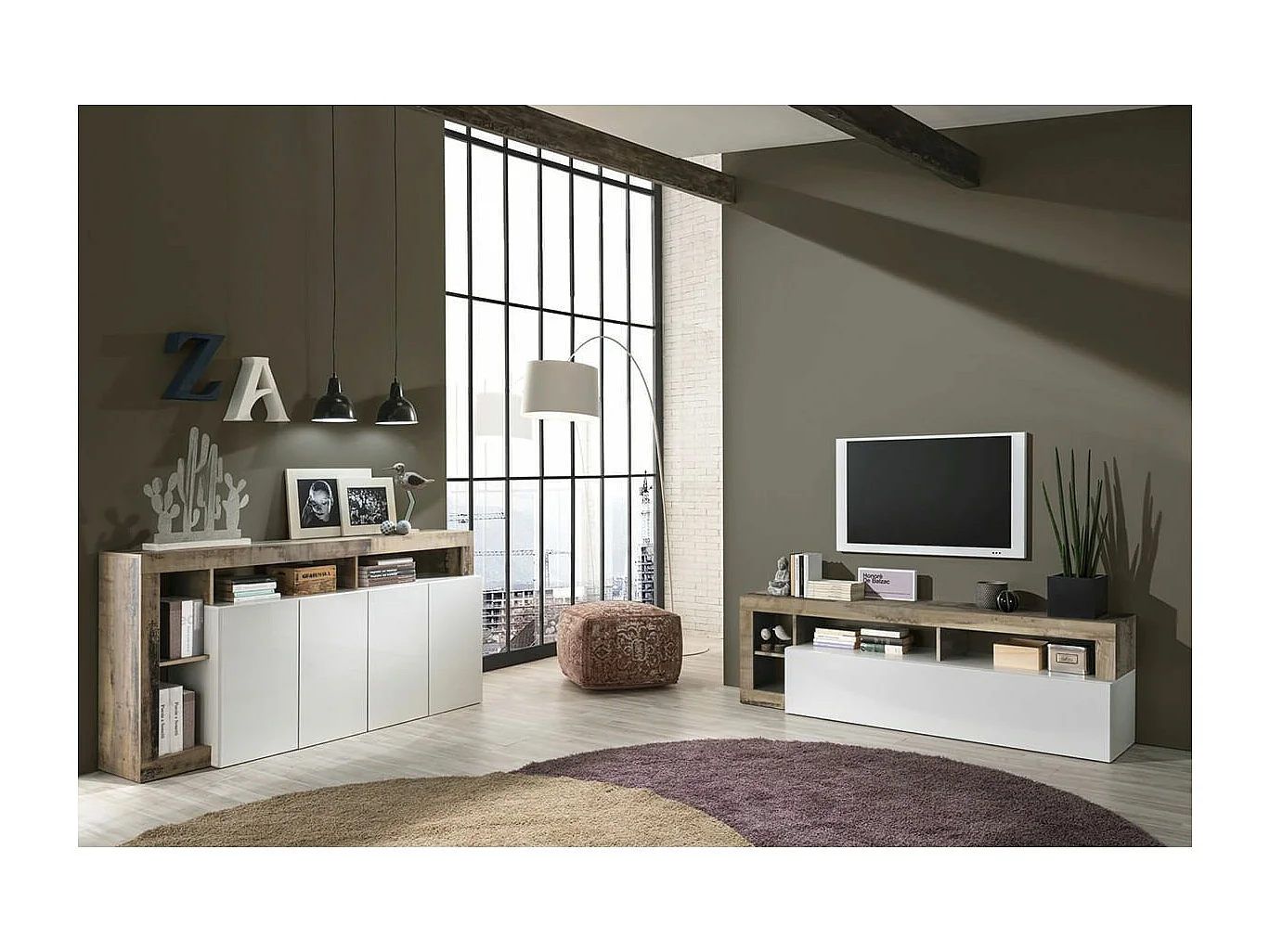 ARTURO - Ensemble Buffet 4P + Meubles TV Blanc Laqué Niches Aspect Bois Antik