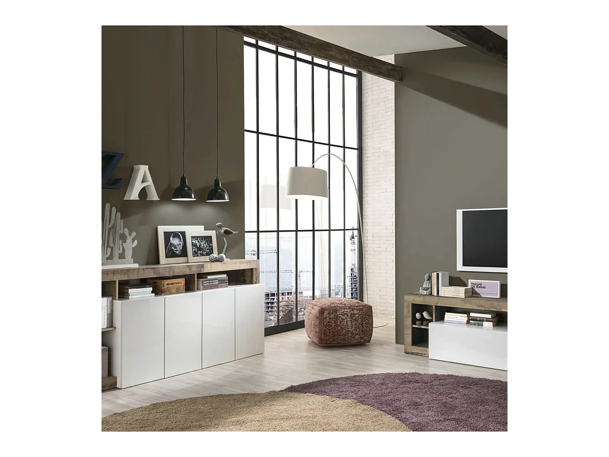 ARTURO - Ensemble Buffet 4P + Meubles TV Blanc Laqué Niches Aspect Bois Antik
