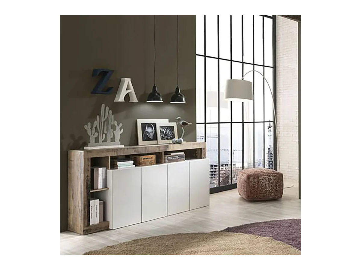 ARTURO - Ensemble Buffet 4P + Meubles TV Blanc Laqué Niches Aspect Bois Antik