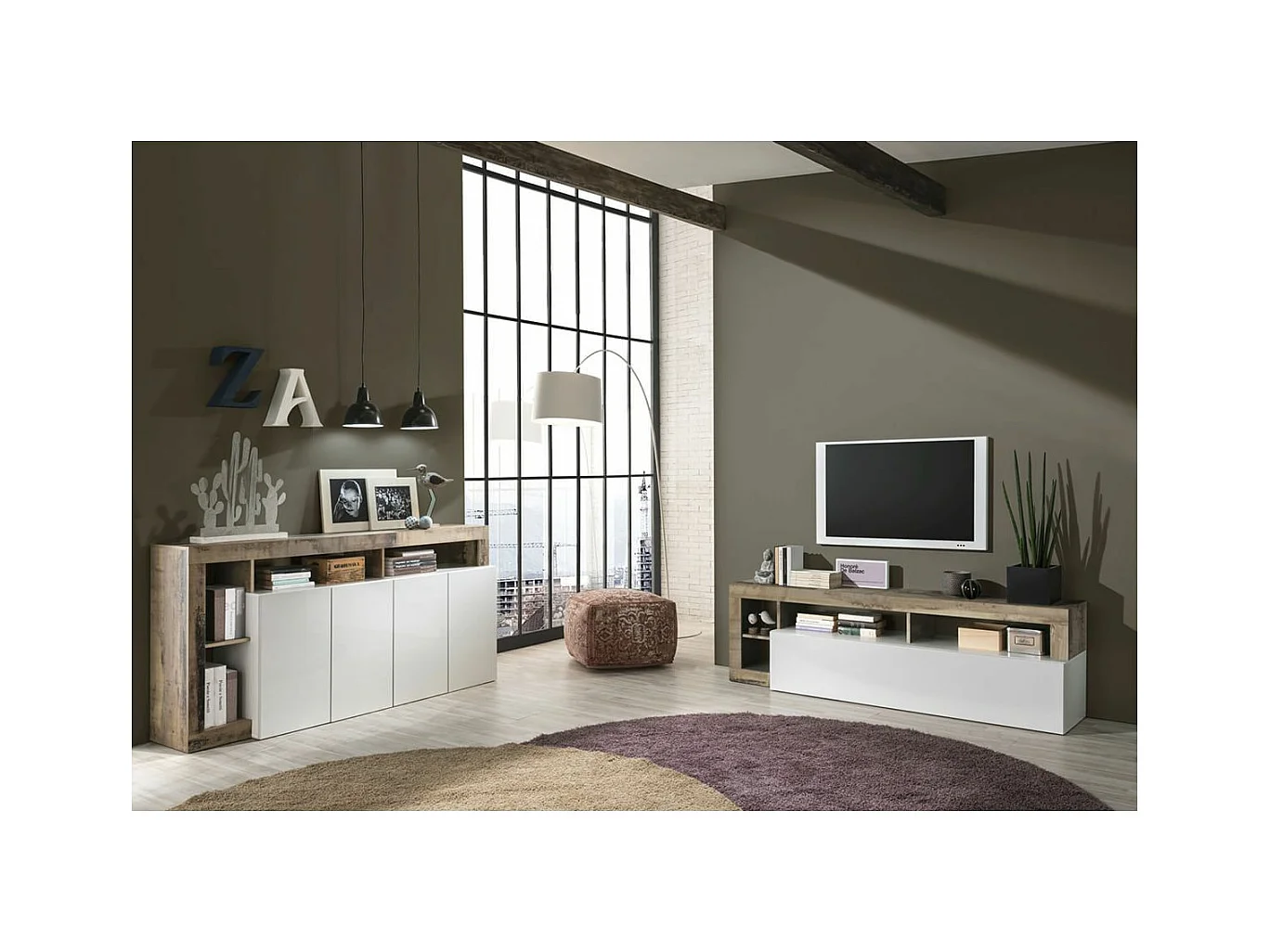 ARTURO - Ensemble Buffet 4P + Meubles TV Blanc Laqué Niches Aspect Bois Antik