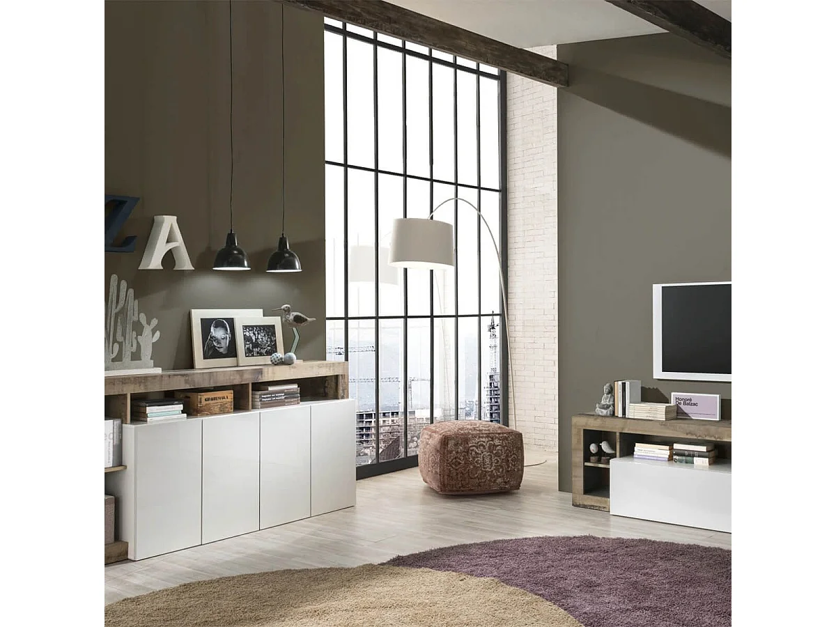 ARTURO - Ensemble Buffet 4P + Meubles TV Blanc Laqué Niches Aspect Bois Antik