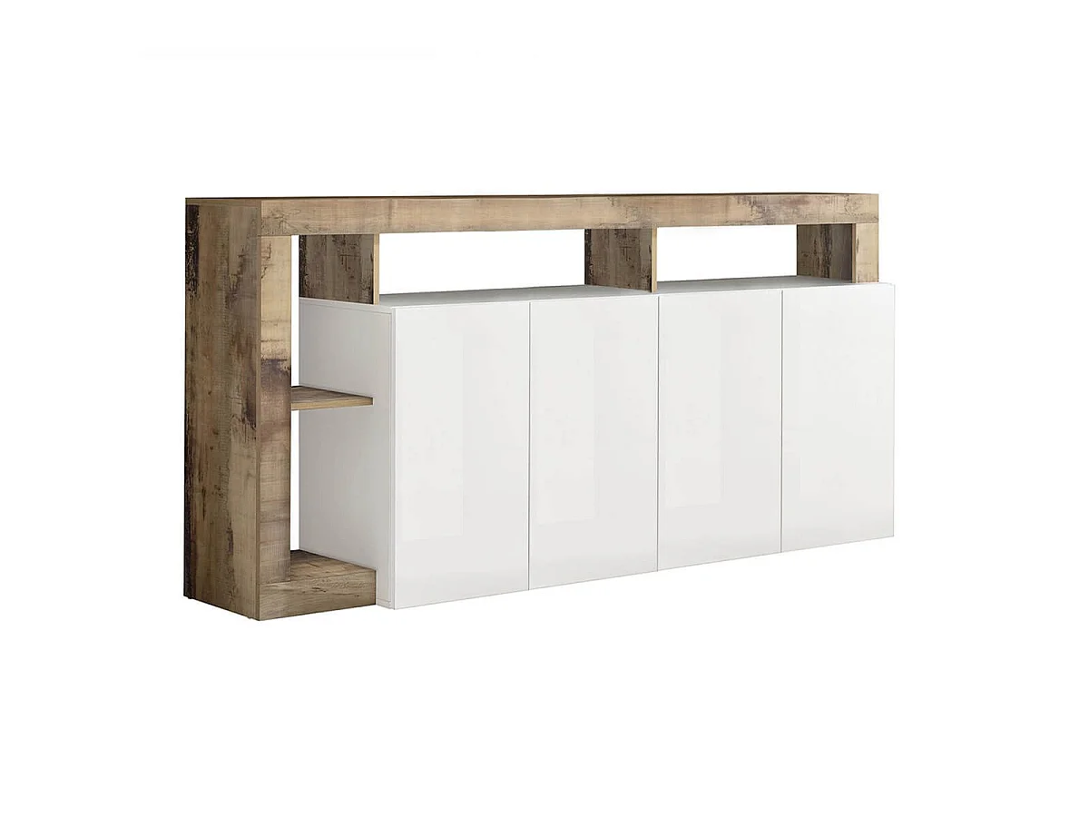 ARTURO - Ensemble Buffet 4P + Meubles TV Blanc Laqué Niches Aspect Bois Antik