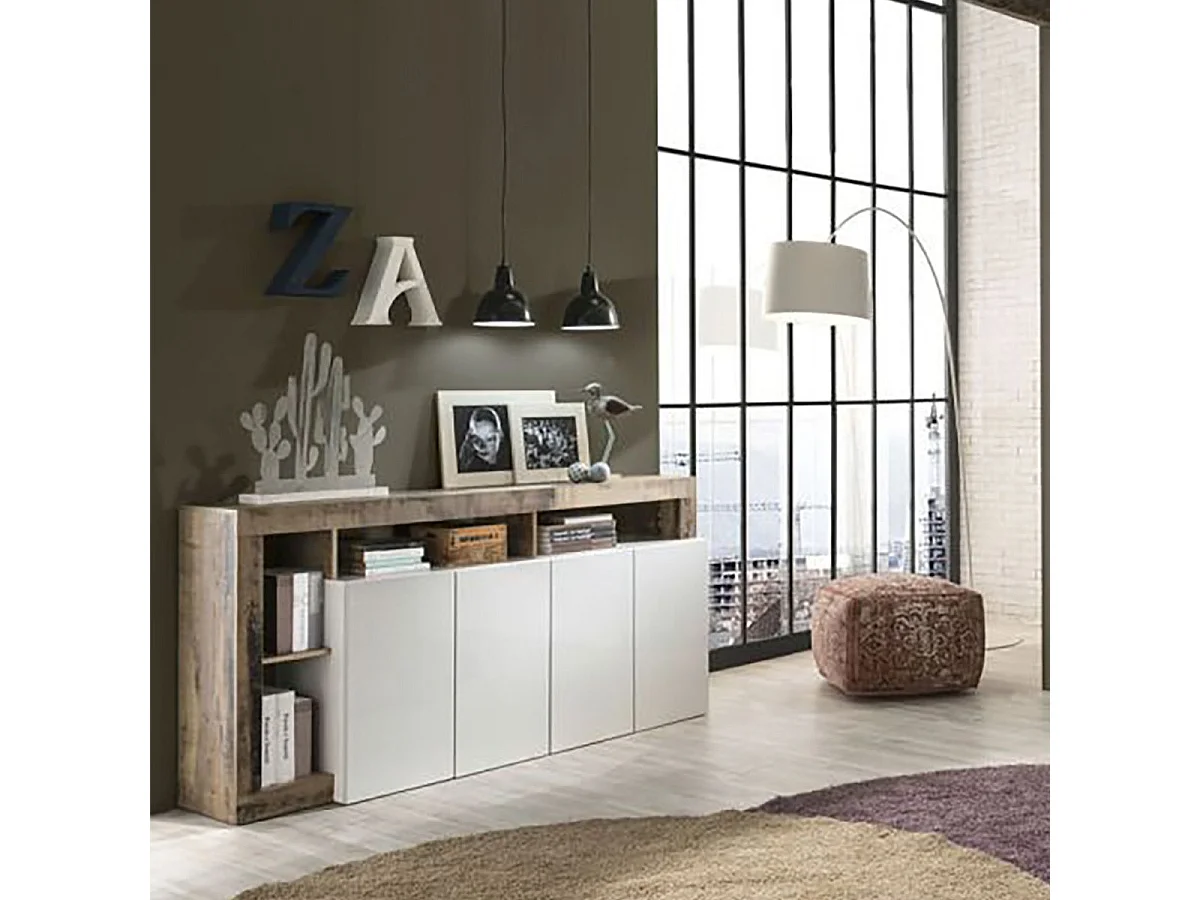 ARTURO - Ensemble Buffet 4P + Meubles TV Blanc Laqué Niches Aspect Bois Antik
