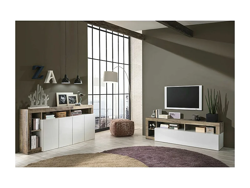 ARTURO - Ensemble Buffet 4P + Meubles TV Blanc Laqué Niches Aspect Bois Antik