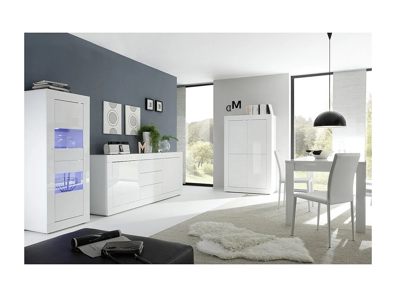 OTELLO - Ensemble Séjour avec Buffet 2 Portes 3 Tiroirs Finition Blanc Laqué Weiss