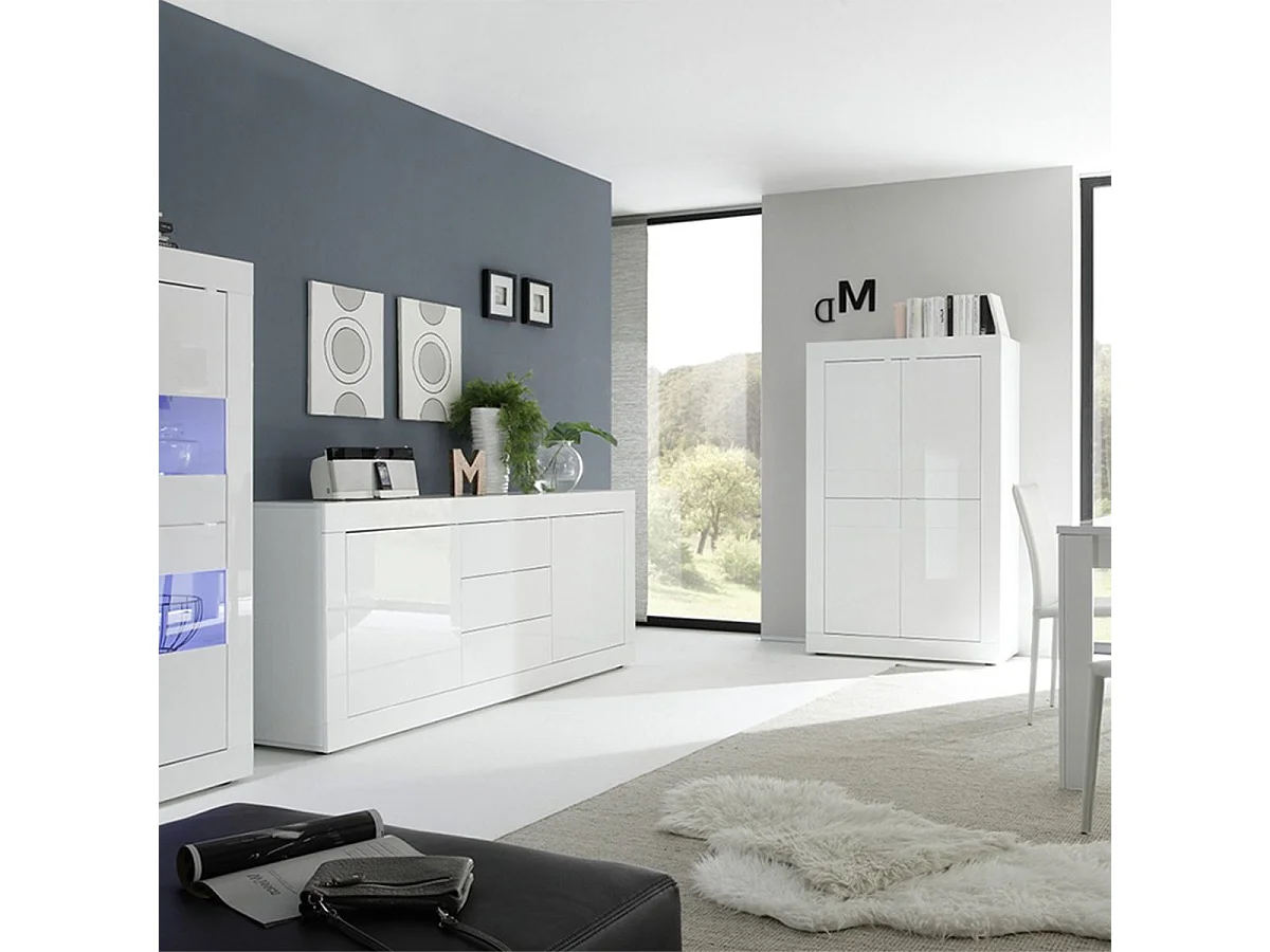OTELLO - Ensemble Séjour avec Buffet 2 Portes 3 Tiroirs Finition Blanc Laqué Weiss