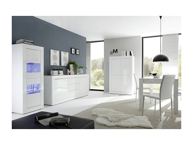 OTELLO - Ensemble Séjour avec Buffet 2 Portes 3 Tiroirs Finition Blanc Laqué Weiss