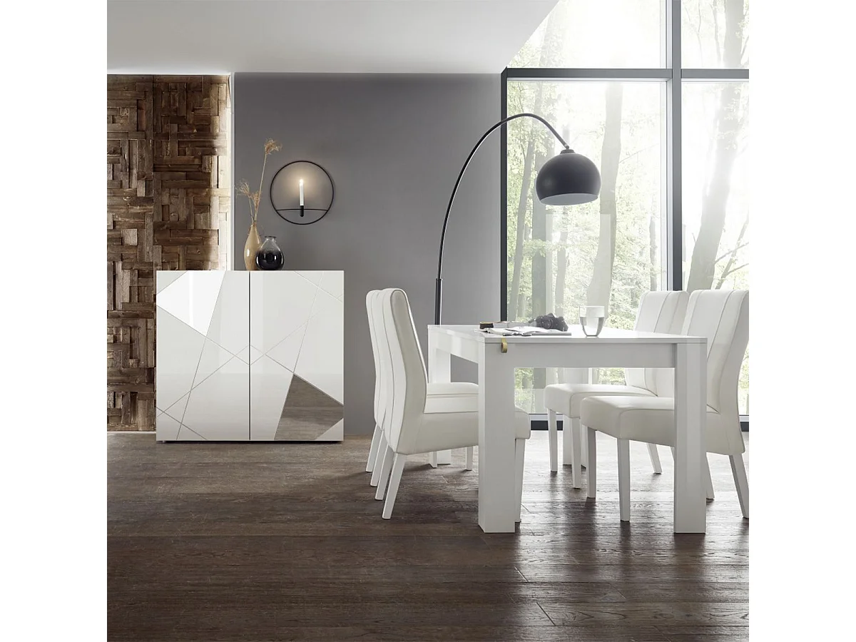 ORIANA - Ensemble Séjour Finition Blanc Laqué avec Sérigraphies et Miroirs