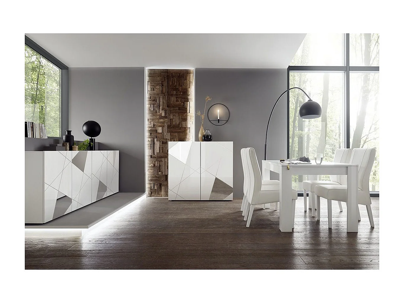 ORIANA - Ensemble Séjour Finition Blanc Laqué avec Sérigraphies et Miroirs