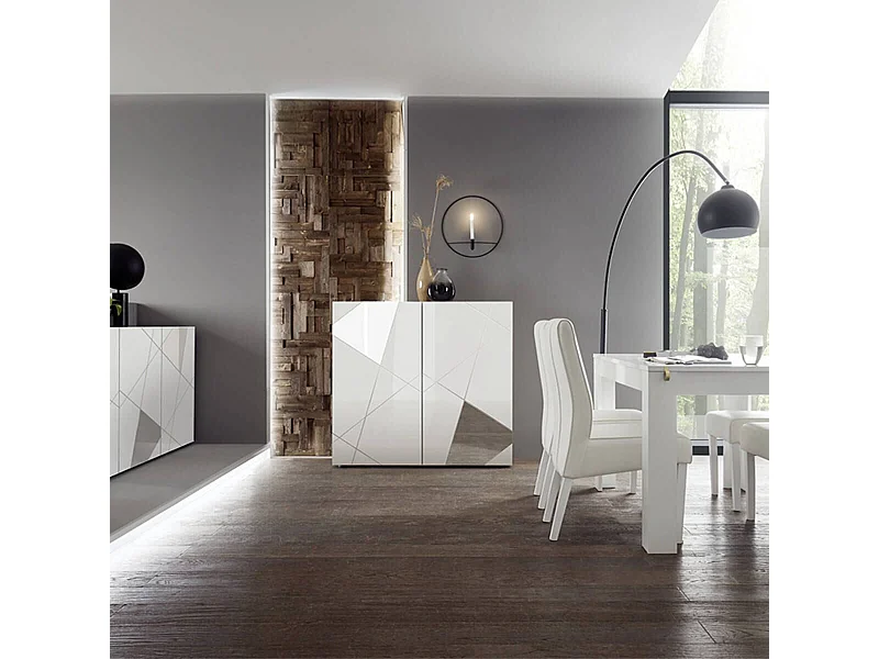 ORIANA - Ensemble Séjour Finition Blanc Laqué avec Sérigraphies et Miroirs