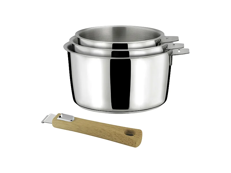 Malice - Série de 3 casseroles 16/18/20cm inox avec poignée effet bois clair
