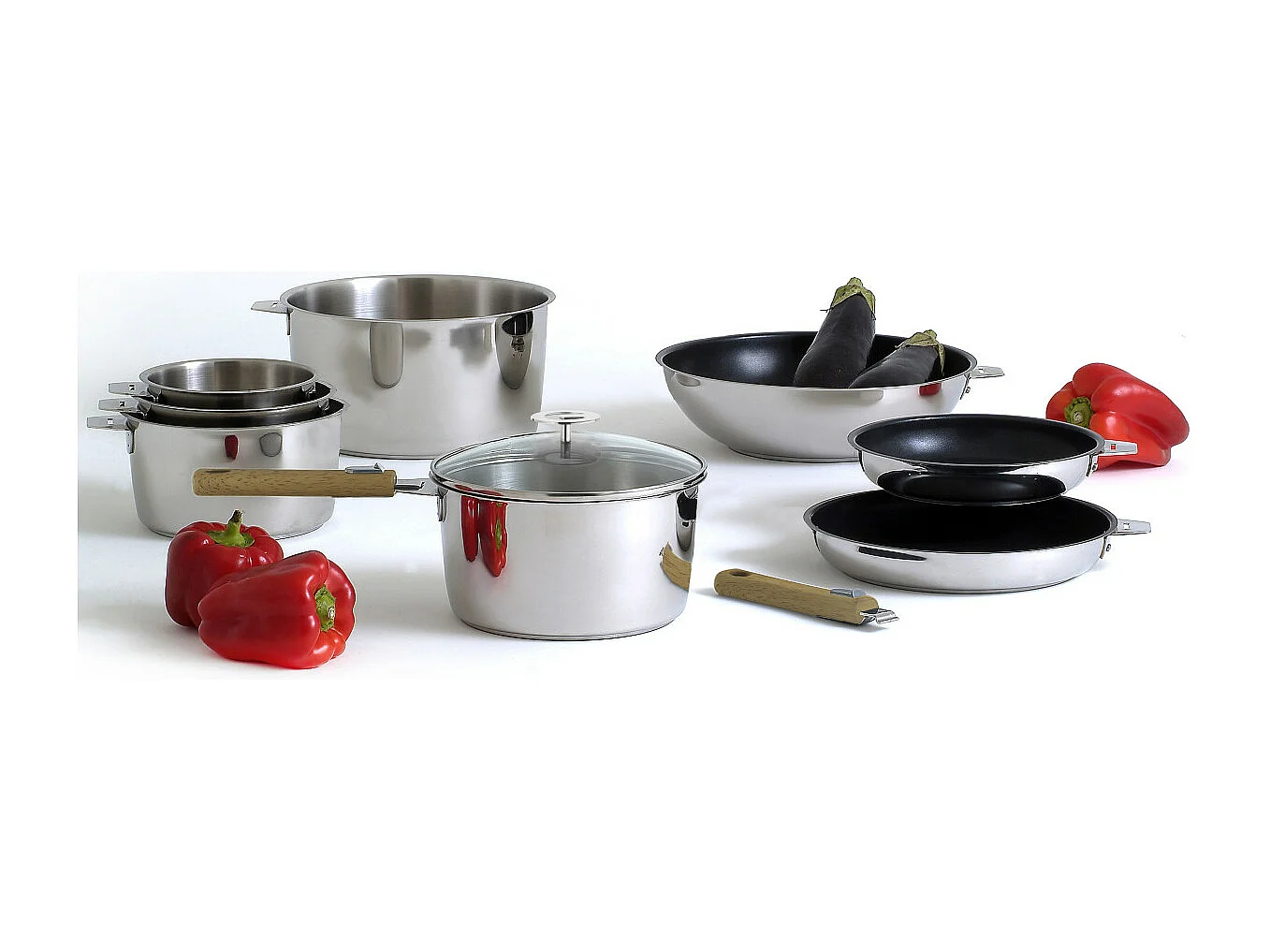 Malice - Série de 3 casseroles 16/18/20cm inox avec poignée effet bois clair