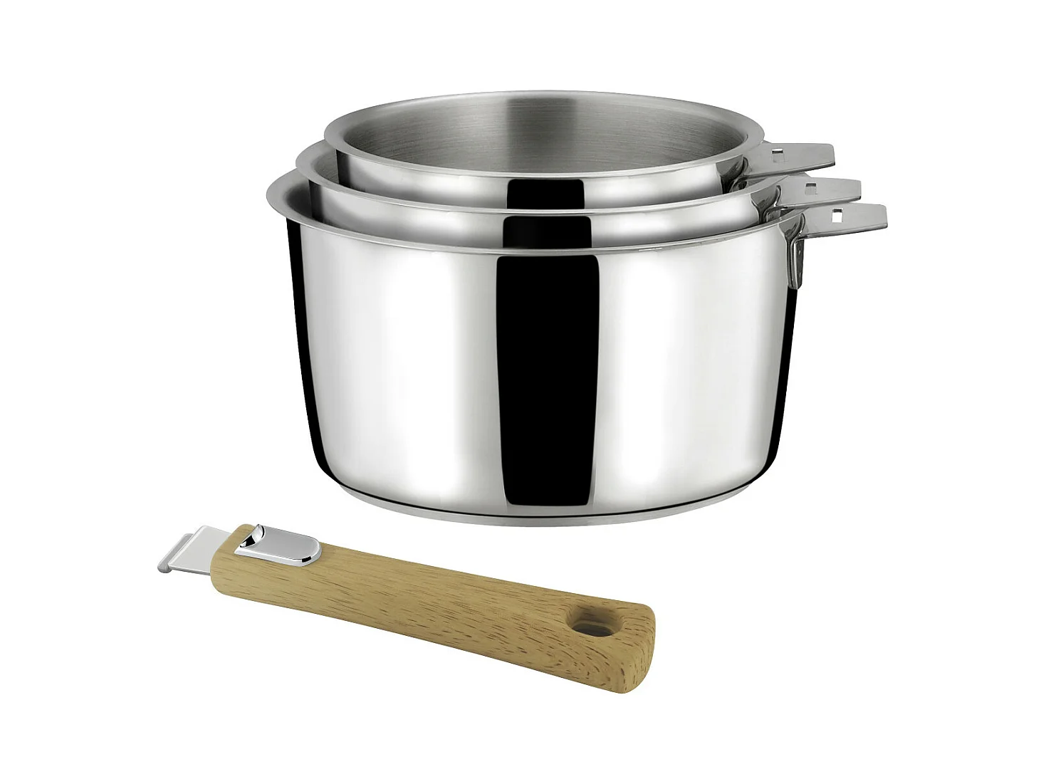 Malice - Série de 3 casseroles 16/18/20cm inox avec poignée effet bois clair