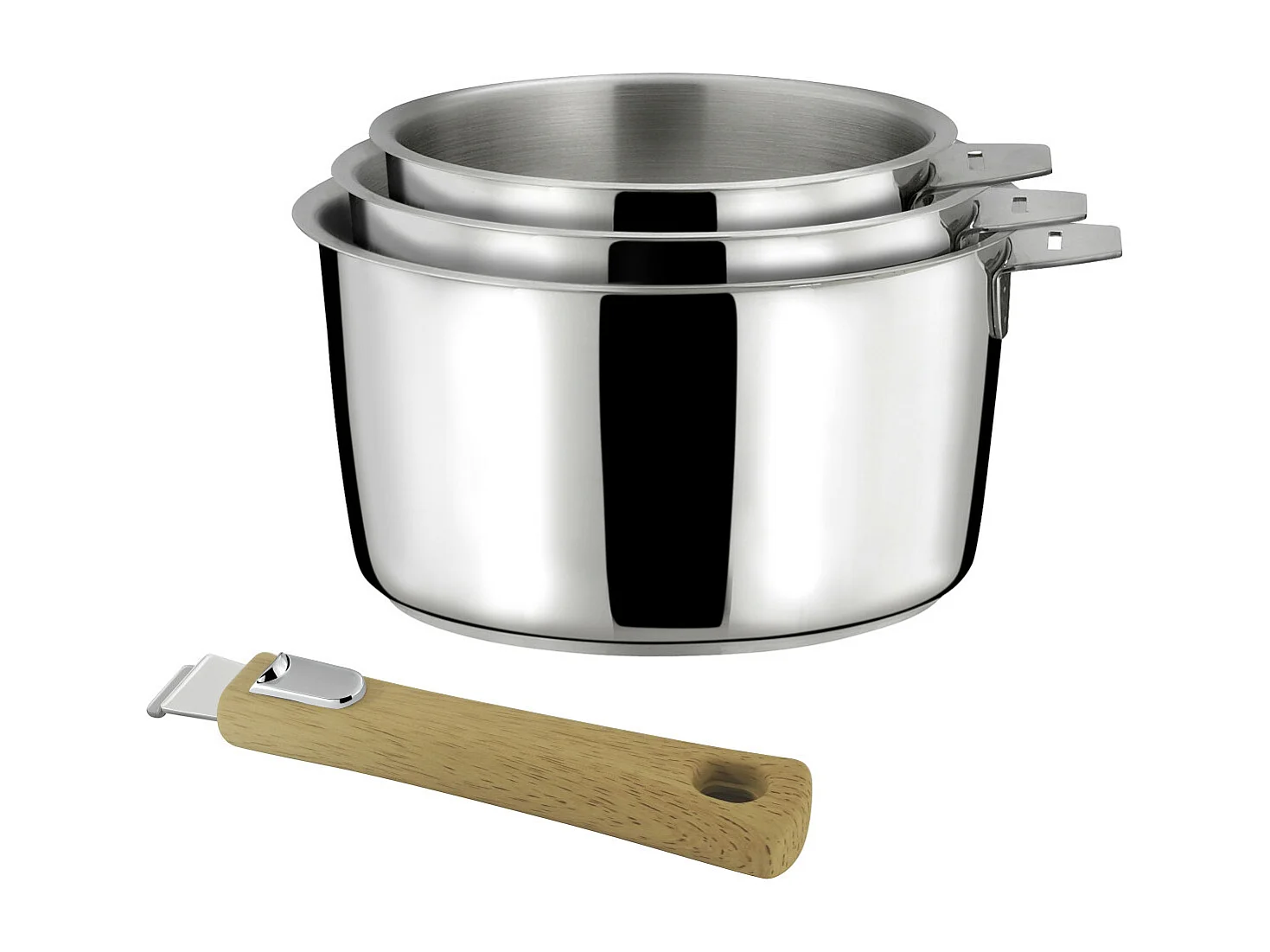 Malice - Série de 3 casseroles 16/18/20cm inox avec poignée effet bois clair