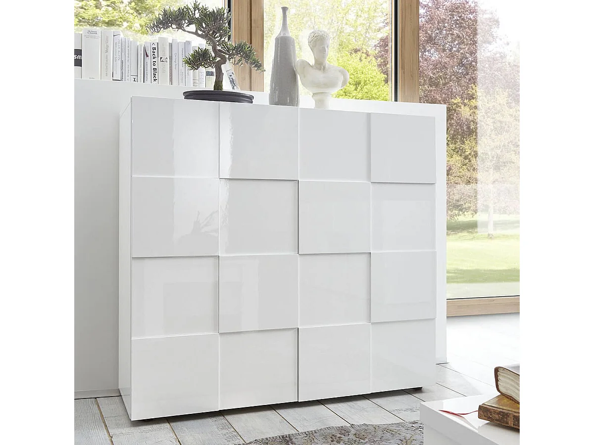 REBECCA - Meuble Rangement 2 Portes Blanc Laqué Weiss Relief Damiers