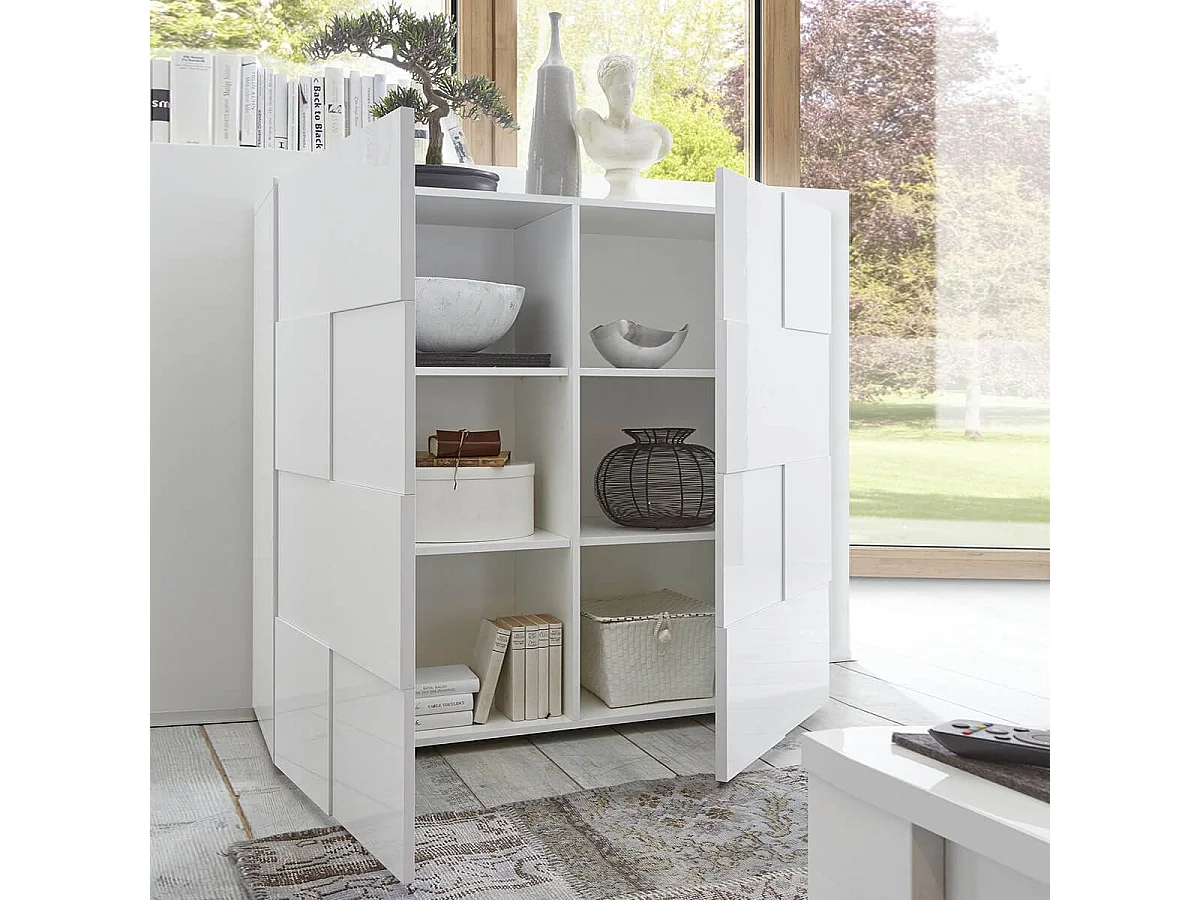 REBECCA - Meuble Rangement 2 Portes Blanc Laqué Weiss Relief Damiers