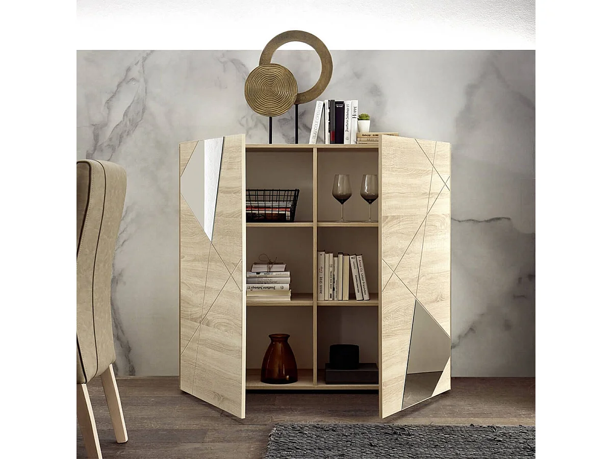 ORIANA - Rangement 2 Portes Finition Bois Samoa avec Sérigraphies et Miroirs