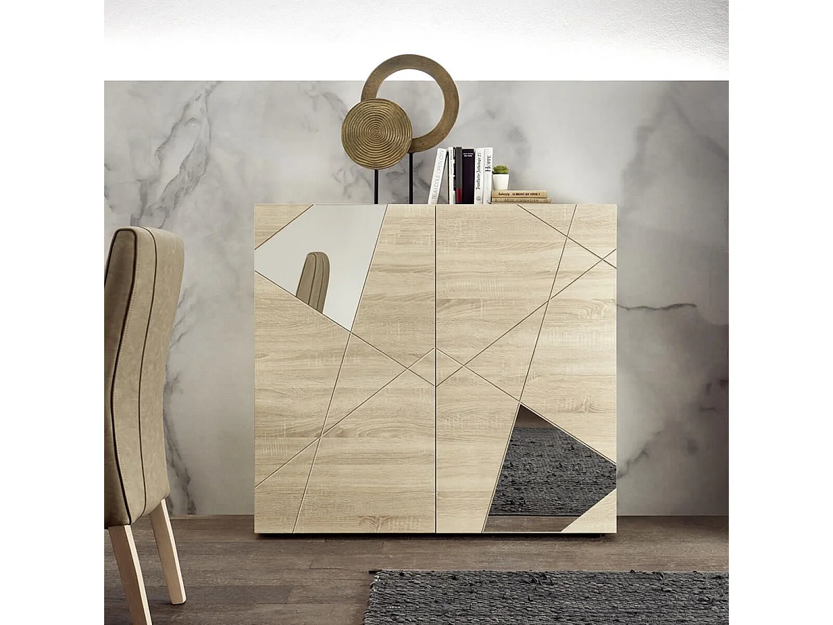 ORIANA - Rangement 2 Portes Finition Bois Samoa avec Sérigraphies et Miroirs