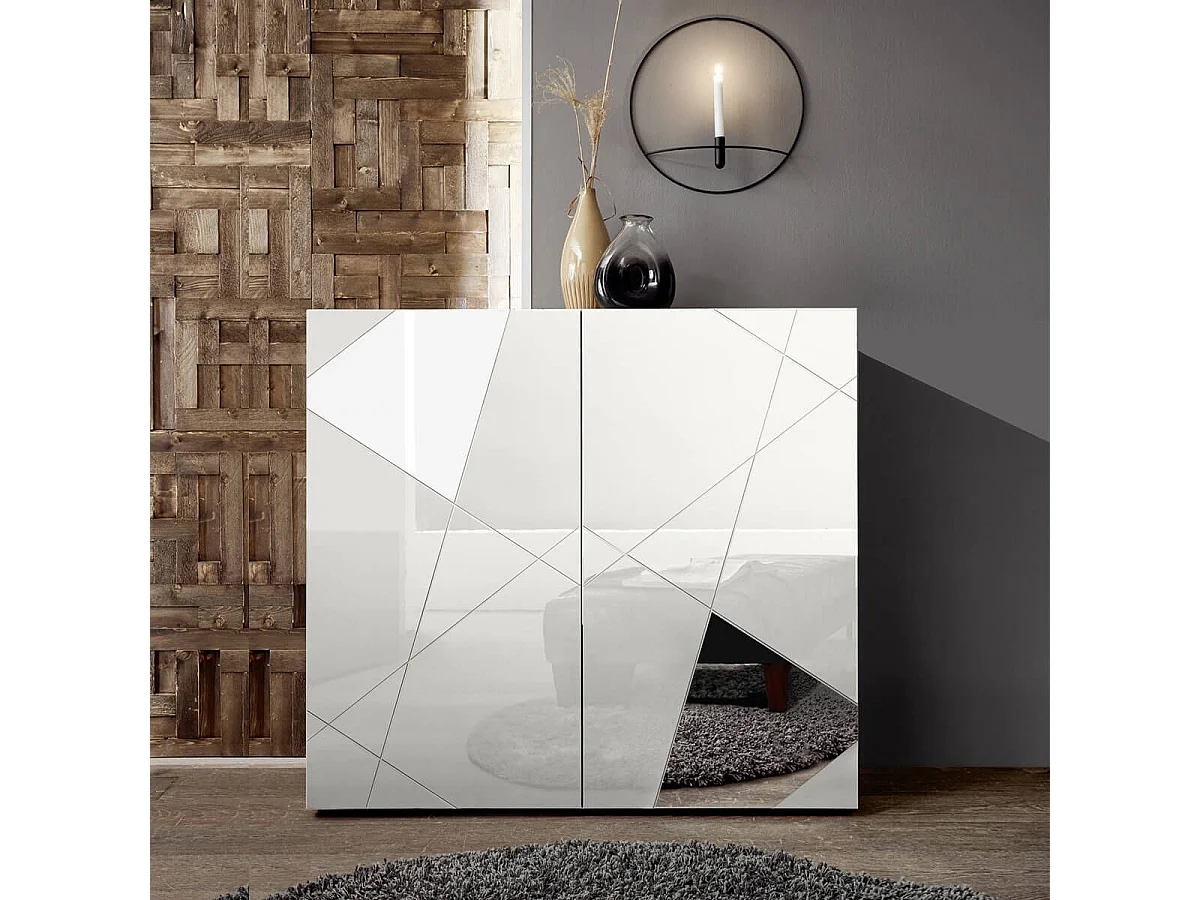 ORIANA - Rangement 2 Portes Finition Blanc Laqué Weiss avec Sérigraphies et Miroirs