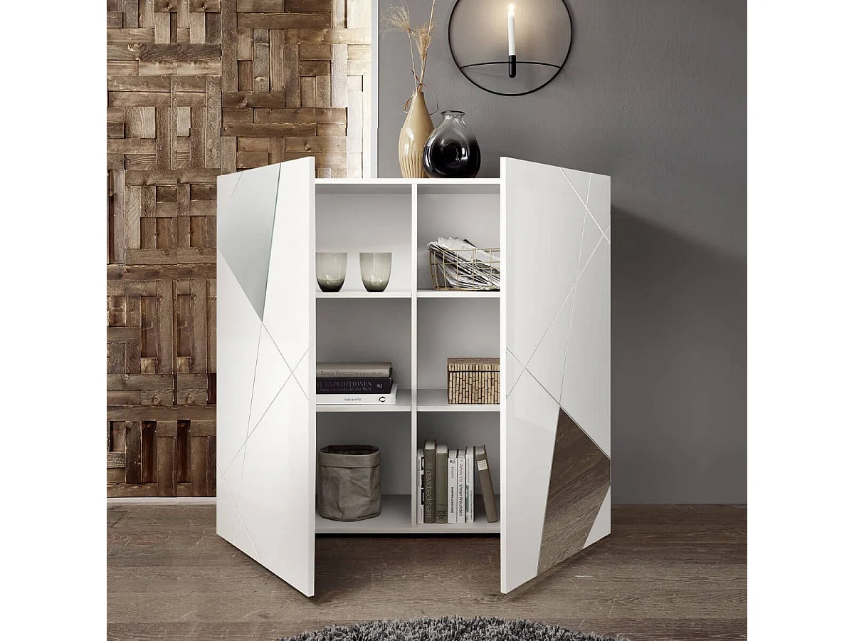 ORIANA - Rangement 2 Portes Finition Blanc Laqué Weiss avec Sérigraphies et Miroirs