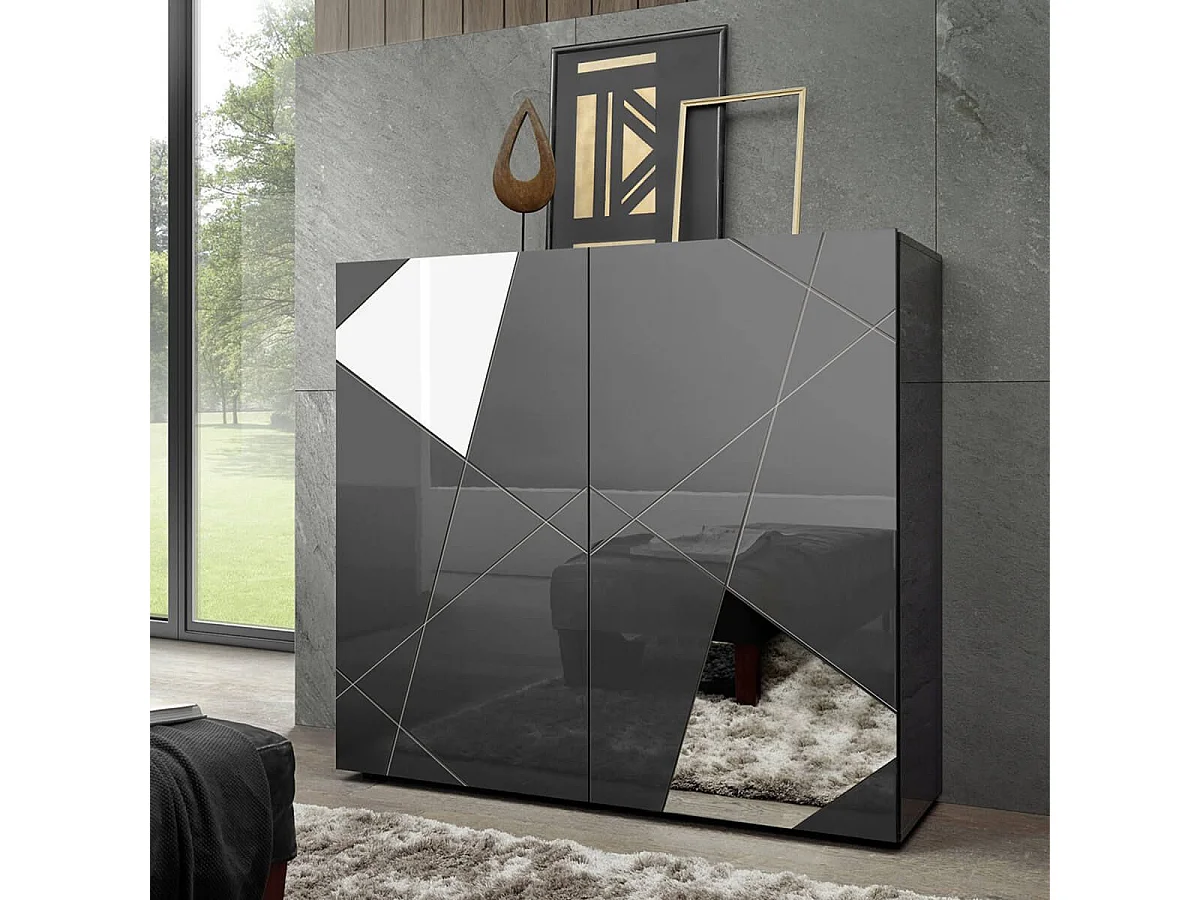 ORIANA - Rangement 2 Portes Finition Gris Carbone avec Sérigraphies et Miroirs