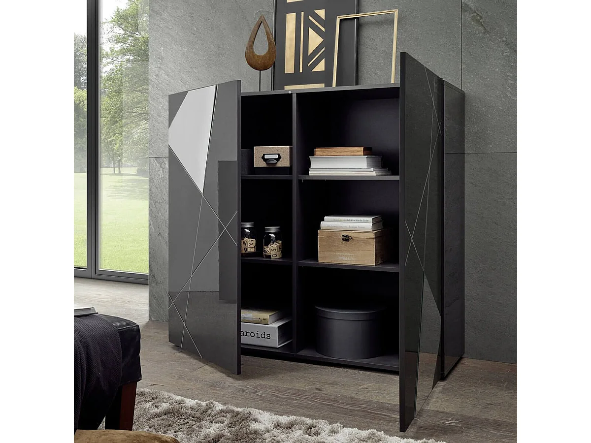 ORIANA - Rangement 2 Portes Finition Gris Carbone avec Sérigraphies et Miroirs