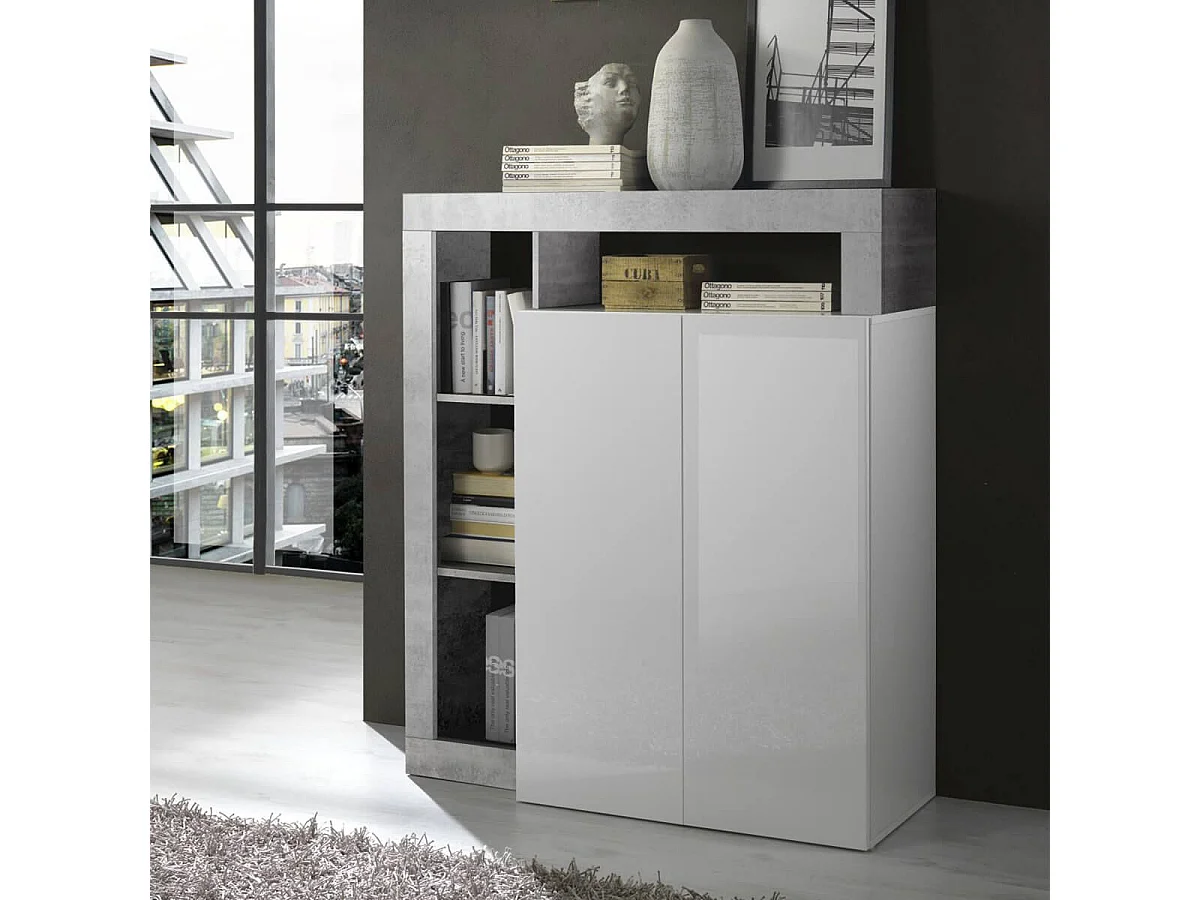 ARTURO - Meuble Bar 2 Portes Blanc Laqué Encadrement Niches Aspect Cimento