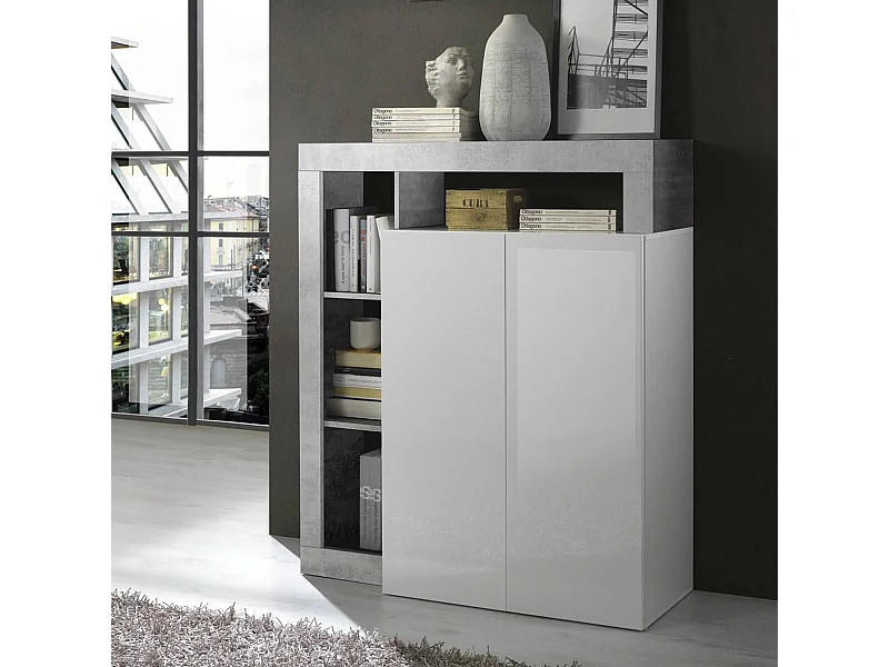 ARTURO - Meuble Bar 2 Portes Blanc Laqué Encadrement Niches Aspect Cimento