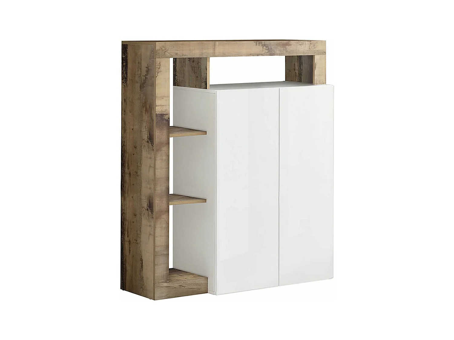 ARTURO - Meuble Bar 2 Portes Blanc Laqué Encadrement Niches Aspect Bois Antik